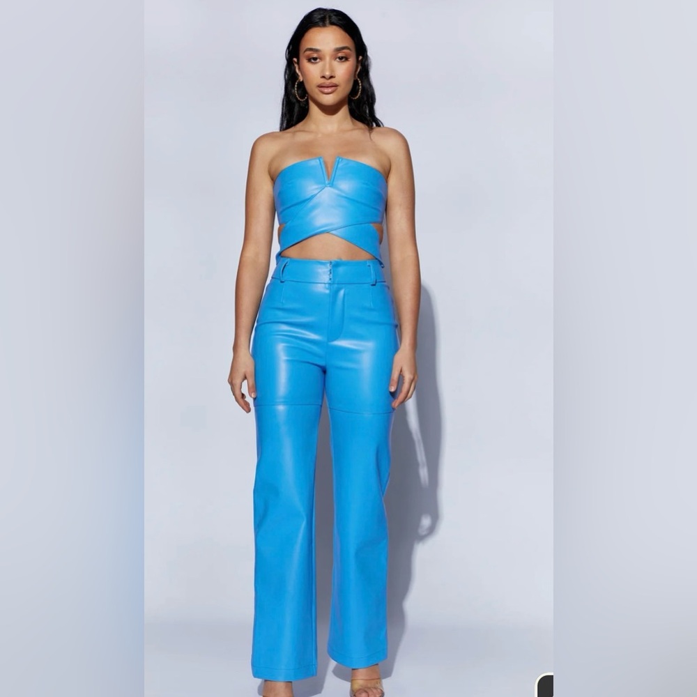 Faux Leather High Waist Pants - Azure Blue